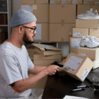 Hombre leyendo código de barras con lector